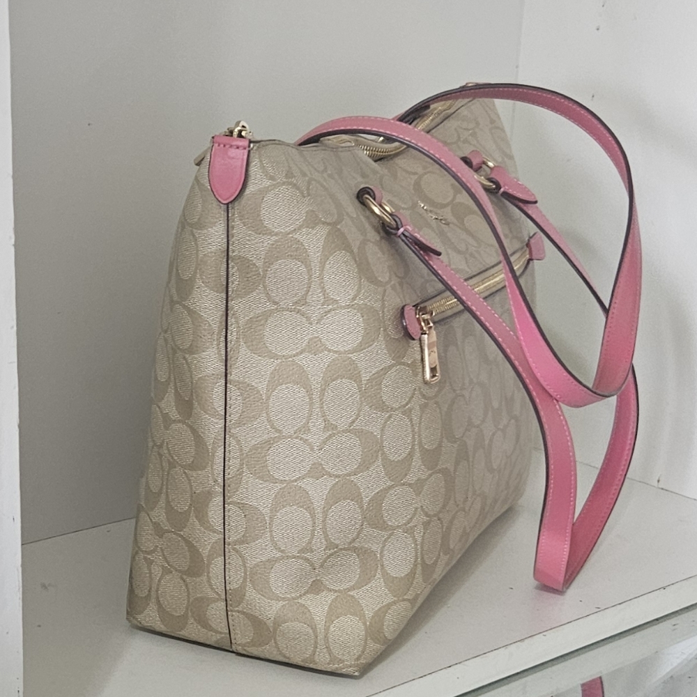 Like New!Coach Signature Coated Canvas tan /Pink Tote bag - Picture 9 of 12